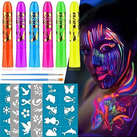 SUGERU®Pintura Fluorescente Neón de Cara-6 Colores Kit,Pintura Cara Niños Hipoalergenica,UV Fluorescente en la Oscuridad,Lavable,No Tóxico,para Cara y Cuerpo,Halloween,Mardi Gras,Fiesta de Disfraces