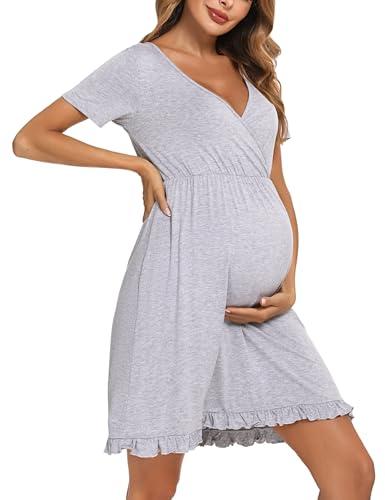 Bresdk Camisón Lactancia Camisones Embarazada Hospital Algodón Camison Premamá Corta Lactancia Mujer Maternidad Gris XL