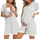 Uniexcosm Camisón Maternidad Lactancia, Camisones Embarazadas Algodon Manga Corta Camison Corto Encaje con Cuello en V Camisón Premamá Ropa para Dormir para Hogar A:Rayas Gris Claro XL