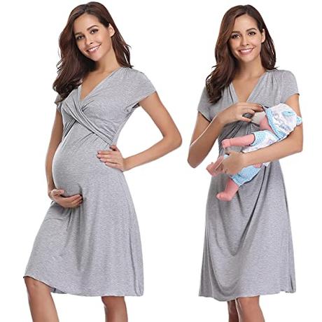 Irdcomps Camisón Lactancia para Mujeres Camisones Embarazada Verano Ropa para Dormir para premamá Maternidad Hospital(Gris,L)