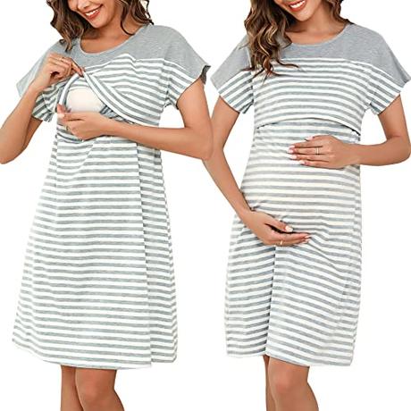 Litherday Camisón Lactancia Hospital Camisón de Maternidad Verano Camison Premamá Manga Corta a Rayas Camisón Mujer Embarazada para Hospital Hogar, Gris, L