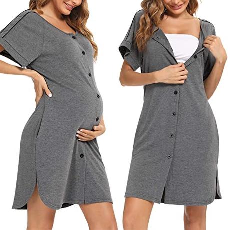 iClosam Camisón Algodón Mujer de Enfermería Manga Corta Camisones con Botones Vestido de Maternidad Embarazo Cómodo y Casual