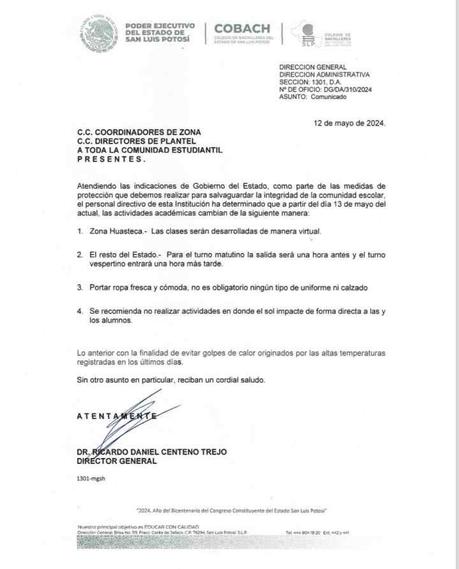 Debido a las altas temperaturas anuncian medidas en colegios bachilleres de SLP Debido a las altas temperaturas anuncian medidas en colegios bachilleres de SLP