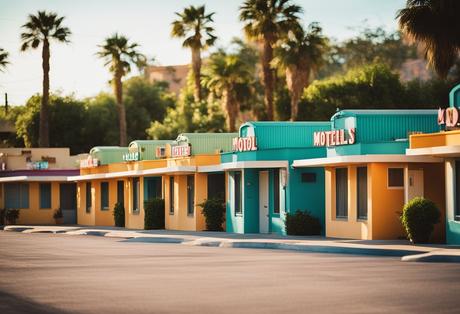 A row of colorful motels in Saltillo, with vibrant signage and lush landscaping