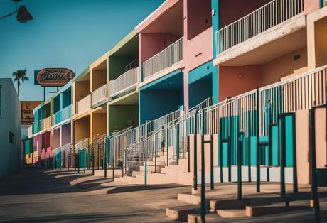 Moteles en Saltillo: Guía para Elegir el Mejor Alojamiento A row of colorful motels in Saltillo, Mexico, with vibrant signage and unique architecture