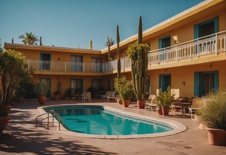 The motel Las Palmas in Cd Juarez is a quaint, Spanish-style building with a lush garden and a welcoming entrance. The warm, sunny weather adds to the inviting atmosphere