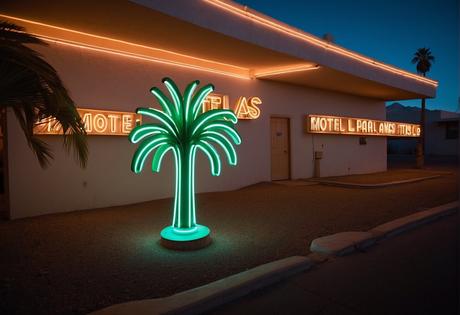 A neon-lit sign illuminates the entrance of Motel Las Palmas in Cd Juarez, casting a warm glow on the surrounding palm trees and vintage architecture