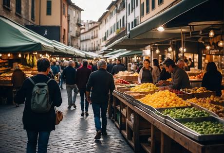 A bustling outdoor market in Oviedo, with colorful food stalls and locals enjoying affordable, delicious meals