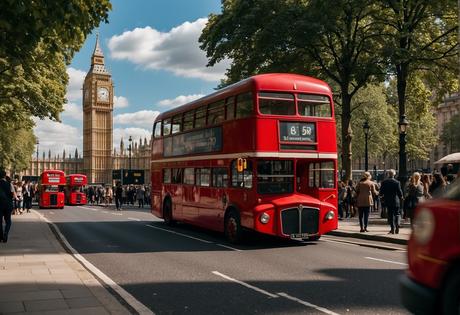 Busy London street with double-decker buses, red telephone booths, and Big Ben in the background. Pedestrians and tourists with London passes