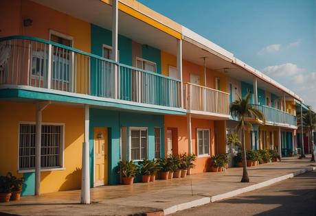 A row of colorful motels in Coatzacoalcos, with palm trees swaying in the breeze