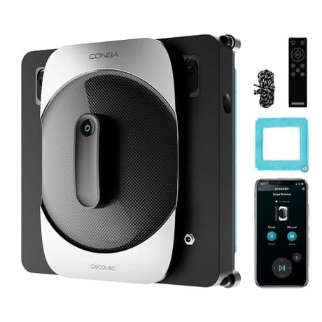 Cecotec Robot Limpiacristales con App y Mando a Distancia Conga Windroid 1290 DoubleSpray Connected T. 72W, Diseño Cuadrado para Llegar a Todas Las Esquinas, Doble Spray de Agua, 3 Modos