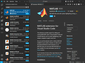 Pestaña de extensiones de Visual Studio Code en la que se busca MATLAB