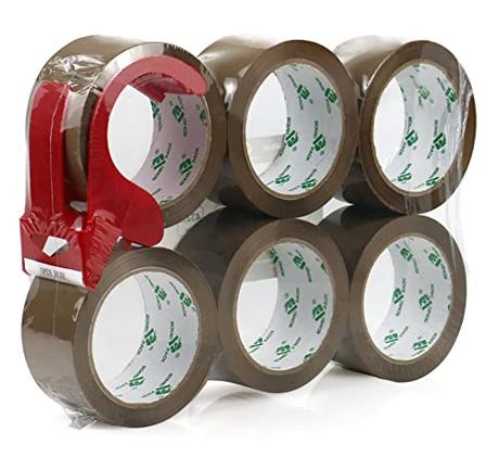 BOMEI PACK Cinta de embalaje marrón con dispensador, 48 mm x 66 m, paquete de 6 rollos, cinta de embalaje resistente
