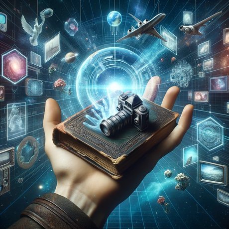 DALL·E 2023 10 13 14.27.24 Imagen fotorrealista de una mano extendida sosteniendo un libro con portada vintage rodeada de hologramas futuristas que representan recuerdos y emoc 1