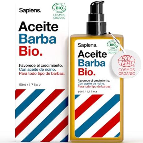 Sapiens Barbershop Aceite Barba Hombre Orgánico - Cuidado Barba Hombre con Aceite de Ricino - Certificado Ecocert - Hidrata y Favorece el Crecimiento Barba - 50 ml