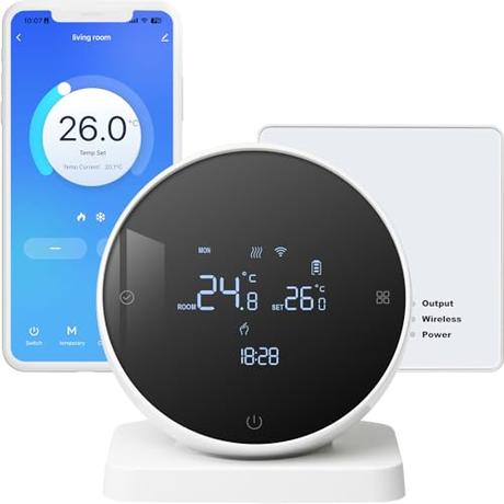 Beok Termostato de calefacción WiFi programable.Termostato inalámbrico Inteligente a Pilas para Calentar Agua y Gas.Termostato portátil con batería para calderas de calefacción Compatible con Alex R7