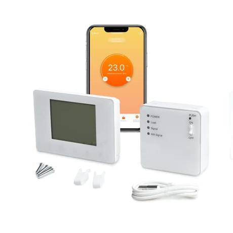 Domos - Termostato WiFi Inteligente Portátil para Calefacción | Termostato Digital Inalámbrico con Pantalla Táctil | Programable | Compatible con Alexa y Google Assistant