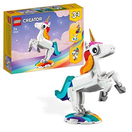 LEGO 31140 Creator 3en1 Unicornio Mágico, Juguete de Construcción Caballito de Mar o Pavo Real, Regalos de Pascua para Niños y Niñas de 7 Años o Más, Figuras de Animales Fantásticos