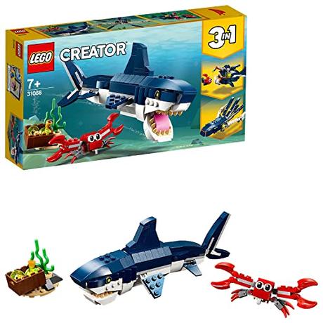 LEGO Creator 3 en 1 Criaturas del Fondo Marino: Tiburón, Cangrejo y Calamar o Pez Abisal de Juguete con Figuras de Animales del Mar, Regalo para Niños y Niñas de 7 Años o Más 31088