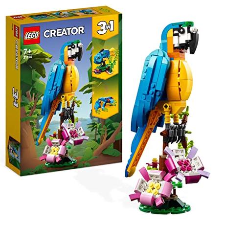 LEGO 31136 Creator 3 en 1 Loro Exótico, Pez o Rana, Figuras de Animales de Juguete para Construir, Regalo de Pascua para Niños y Niñas de 7 Años o Más, Juego Creativo