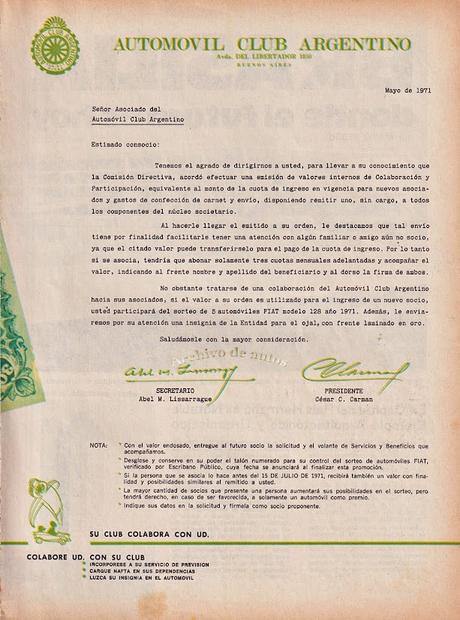 Fiat 128 como premio para los socios del Automóvil Club Argentino