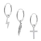 ENTREPLATA Pendientes Plata De Ley 925 Trio De Criollas Unisex Set De Aros de Plata Con Tres Colgantes Forma De Rayo Cruz Y Pluma