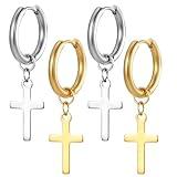LuLiyLdJ 2 Pares Pendientes Cruz, Pendientes Colgantes, Unisex Cruz Religión Pendientes Joyería, Acero Inoxidable Cruz Colgante Pendientes de aro (Oro, Plata)
