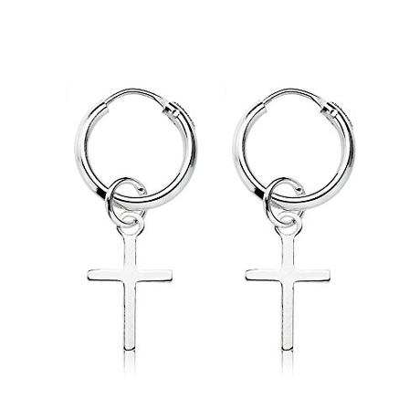 EMPATHY JEWELS - Pendientes Aro de 14 mm con Cruz, hechos en Plata de Ley 925 para hombre y mujer
