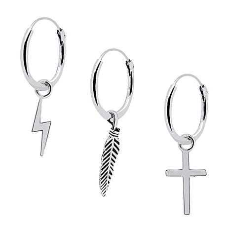 ENTREPLATA Pendientes Plata De Ley 925 Trio De Criollas Unisex Set De Aros de Plata Con Tres Colgantes Forma De Rayo Cruz Y Pluma