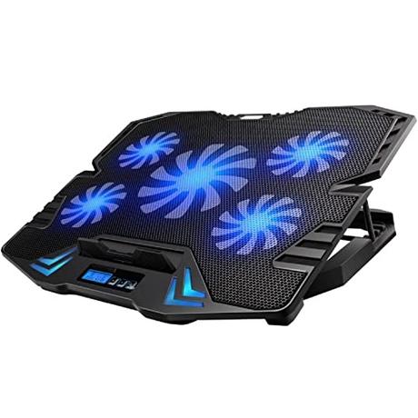 Ewent EW1259 Base de refrigeración gaming para ordenador portátil de 12 a 17 pulgadas con 2 puertos USB, 5 ventiladores, luz LED azul, selección de angulo de vista, Negro