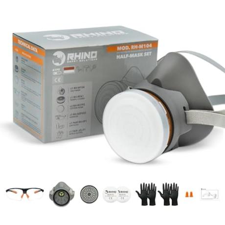 RHINO Smart Solutions Mascara de Gas Reutilizable contra Polvo y Gases de Carbon Activo | Mascarilla Pintura con Filtro A1, Guantes, Gafas de Proteccion Bricolaje, Lijado, Construcción, Antipolvo