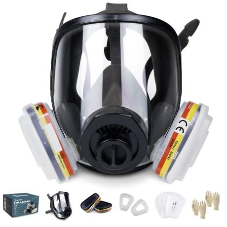 Máscara de Gas Completa Respirador RHINO RH-7011 Reutilizable para Vapores Orgánicos, Gases Ácidos, Fumigar, Pintura | Proteccion Facial con 10 Filtros de Recambio, Gafas de Protección y Guantes
