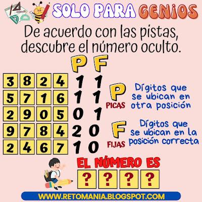 Desafíos matemáticos, Retos matemáticos, Retos visuales, Retos mentales, Retos virales, Gimnasia cerebral, Gimnasia matemática, Pasatiempos, Juegos Escolares, Picas y Fijas, Descubre el número, El número oculto, El número escondido, Piensa rápido, Solo para Genios
