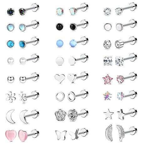MILACOLATO 24 Pairs Acero Inoxidable Pendientes para Mujer y Niñas, Cartílago Trague Pendientes Huggie Pequeños Geométricos de Corazón Luna y Estrella con Circonita Cúbica Pendientes Set