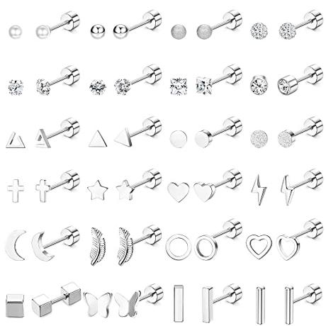 JeweBella 24 Pares Pequeños Pendientes Mujer Acero Quirurgico Juego Cartílago Pendientes Helix Hipoalergénicos Planos Pendientes Perla Estrella Pendientes Circonita para Mujeres Hombres