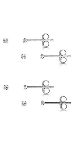 Amberta Pendientes Pequeños en Plata de Ley 925 y Zirconia Cúbica 2 mm - 2 Parejas de Aretes Redondos para Mujer - Set de 4 Pendientes Brillantes de Moda con Piedra