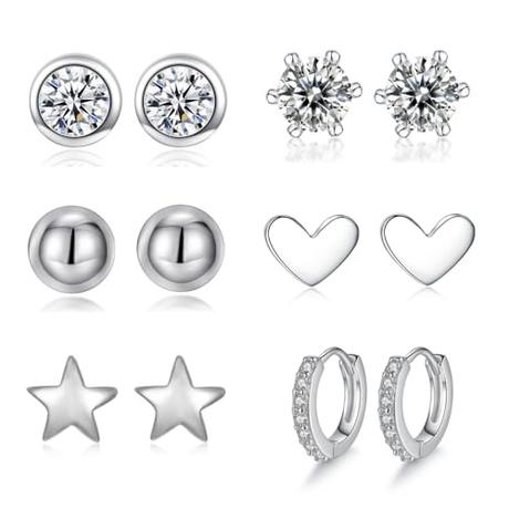 Aucuu 6 Pares Pendientes de Tuerca de Plata, Pendientes Piercing Oreja 925 para Mujer, Pendientes de Aro de Amor con Circonita Estrella, Regalo de Día de La Madre con Cajas-Plata