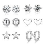 Aucuu 6 Pares Pendientes de Tuerca de Plata, Pendientes Piercing Oreja 925 para Mujer, Pendientes de Aro de Amor con Circonita Estrella, Regalo de Día de La Madre con Cajas-Plata