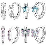 JeweBella 4 Pares Pequeños Pendientes de Aro Plata para Mujeres Niñas Rosa/Azul Corazón Mariposa Estrella Zirconia Pendientes de Aro Hipoalergénico Juego de Pendientes Cartílago Huggie Joyería