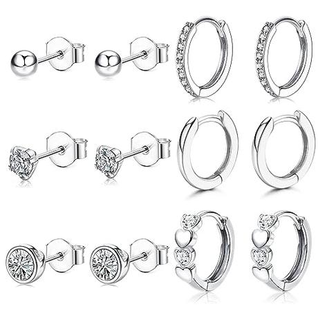 JeweBella 6 Pares Pendientes Plata de Ley 925 Aguja para Mujer Niñas Pequeño Pendientes de Aro Plata Hipoalergénicos Piercing Pendientes Cartílago de Circonita Cúbica Juego de Pendientes Mujer Plata