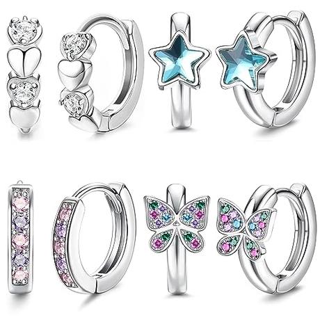 JeweBella 4 Pares Pequeños Pendientes de Aro Plata para Mujeres Niñas Rosa/Azul Corazón Mariposa Estrella Zirconia Pendientes de Aro Hipoalergénico Juego de Pendientes Cartílago Huggie Joyería