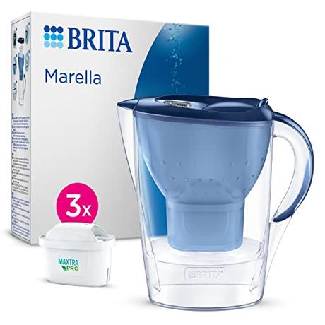 Brita Jarra con Filtro de Agua Marella Azul (2,4 l) Incl. 3X Cartuchos MAXTRA Pro All-in-1: Jarra Apta para frigorífico con memo Digital y Tapa abatible Que Reduce el Cloro, la Cal y Las impurezas