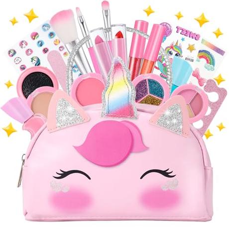 Taricor Maquillaje para Niñas Maletin Maquillaje Niñas Lavable Juego de Maquillaje No Tóxico y Seguro Bolsa de Maquillaje para Niñas Rosa Unicornio Regalo de Cumpleaños y Navidad para Niñas de 3+ Años