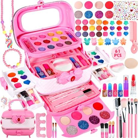 MULEVIP Kit de Maquillaje para Niño 66PCS Lavable de Maquillaje Maquillaje para Niñas,Kit de Maquillaje Niñas, Regalo de Princesa para Niñas Mayores de 3 4 5 6 7 8 9 10 Años (Rosa)