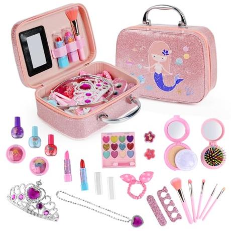 Weinsamkeit 25pcs Maquillaje para Niñas, Lavable Maletin Maquillaje Niñas Juego De Imaginación - Kit De Maquillaje De Princesa para Principiantes Regalo De Cumpleaños De Navidad para Niños De 3+ Años