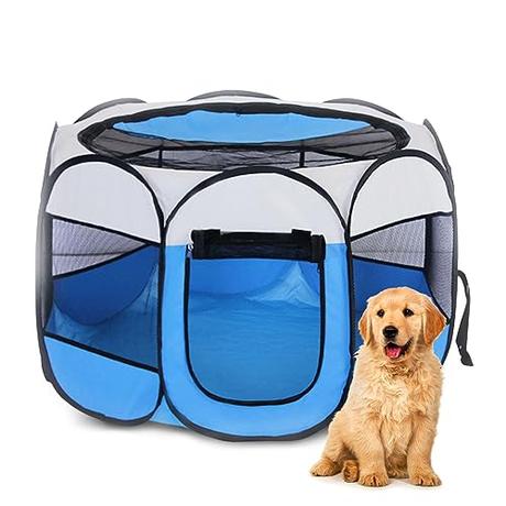 Parque para Perros y Gatos 74 x 74 x 43cm, EUBSWA Parque para Cachorros con 2 Puertas, Ideal para Animales Pequeños (Azul)