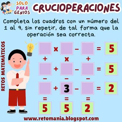 Desafíos matemáticos, Retos matemáticos, Problemas matemáticos, Problemas de lógica, Problemas de Ingenio, Gimnasia cerebral, Gimnasia matemática, Pasatiempos, Solo para Genios, Piensa Rápido, Retos mentales, Retos visuales, Retos virales, Crucioperaciones, Juegos de números