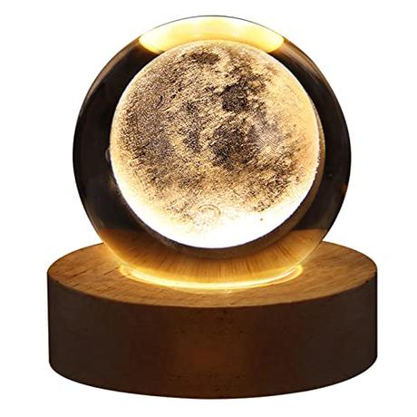 Luz Nocturna Bola de 3D, 6cm Lámpara de Bola de Luna con Base de Luz LED de Madera, Luces LED de Ambiente para Dormitorio Decoración del Hogar, Regalo para Niños Adultos