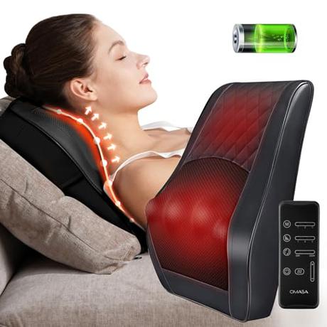 Masajeador Cervical y Espalda con Calor, Shiatsu Cojín de Masaje Eléctrico de Cuello y Hombros Alivio del Dolor, Sin Cable, Bateria Cargada, en Casa, Coche, Oficina