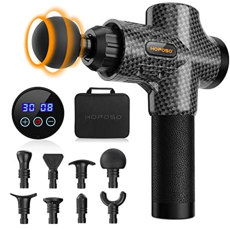Pistola de Masaje Muscular, Eléctrica Masajeador de Músculos de Tejido Profundo Hasta 4800 RPM, 30 Velocidades, 8 Cabezales de Masaje, Pantalla LCD Táctil, Carga Tipo-C(Negro Carbón)